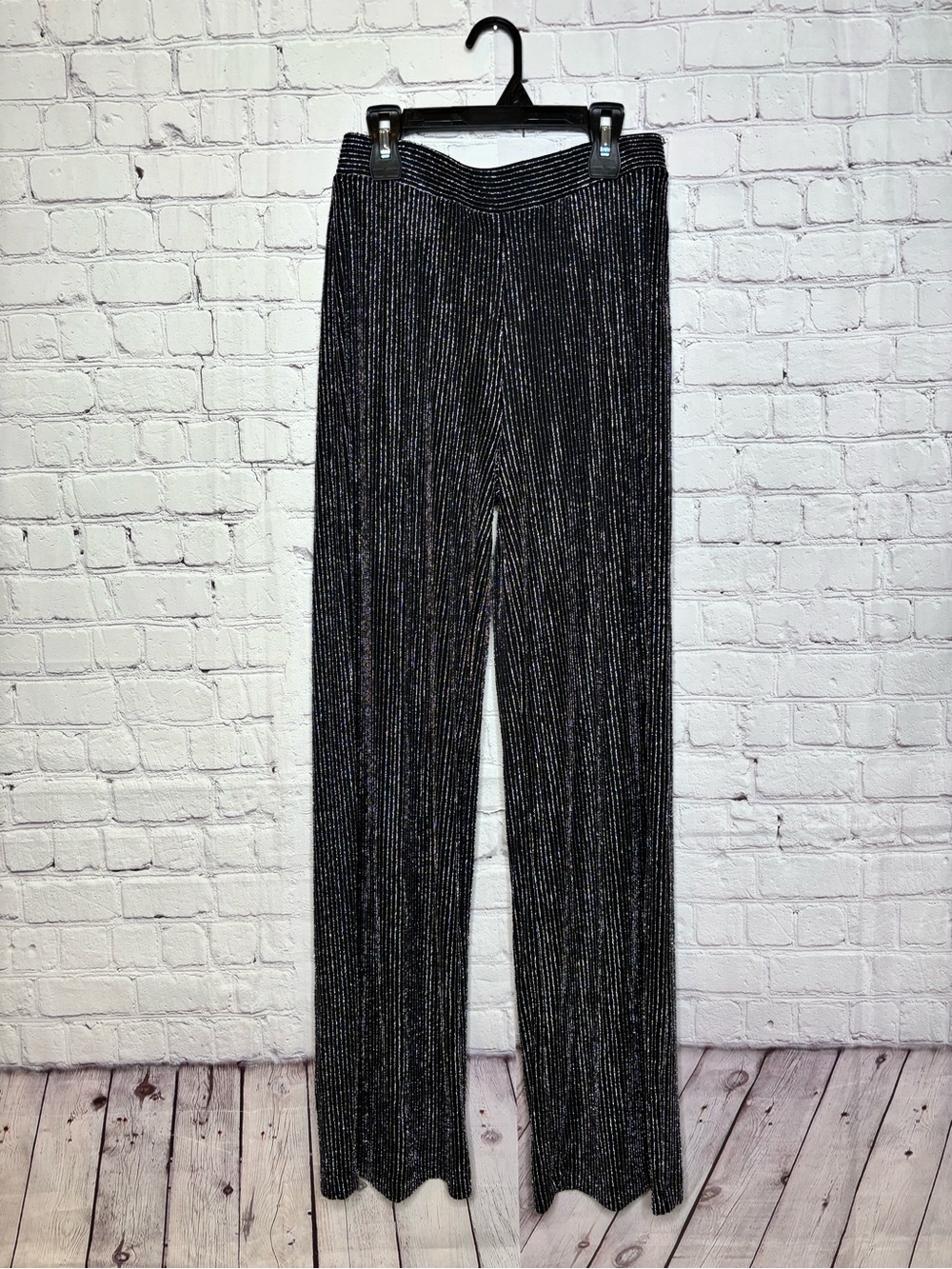 Forever 21 Black & Silver Metallic-Striped Wide Leg Disco Pants Size M